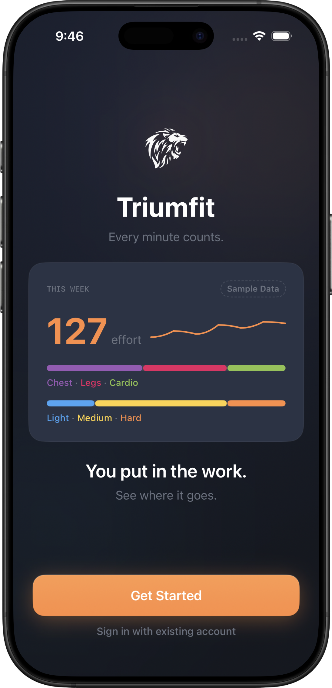 Triumfit welcome screen — Every minute counts