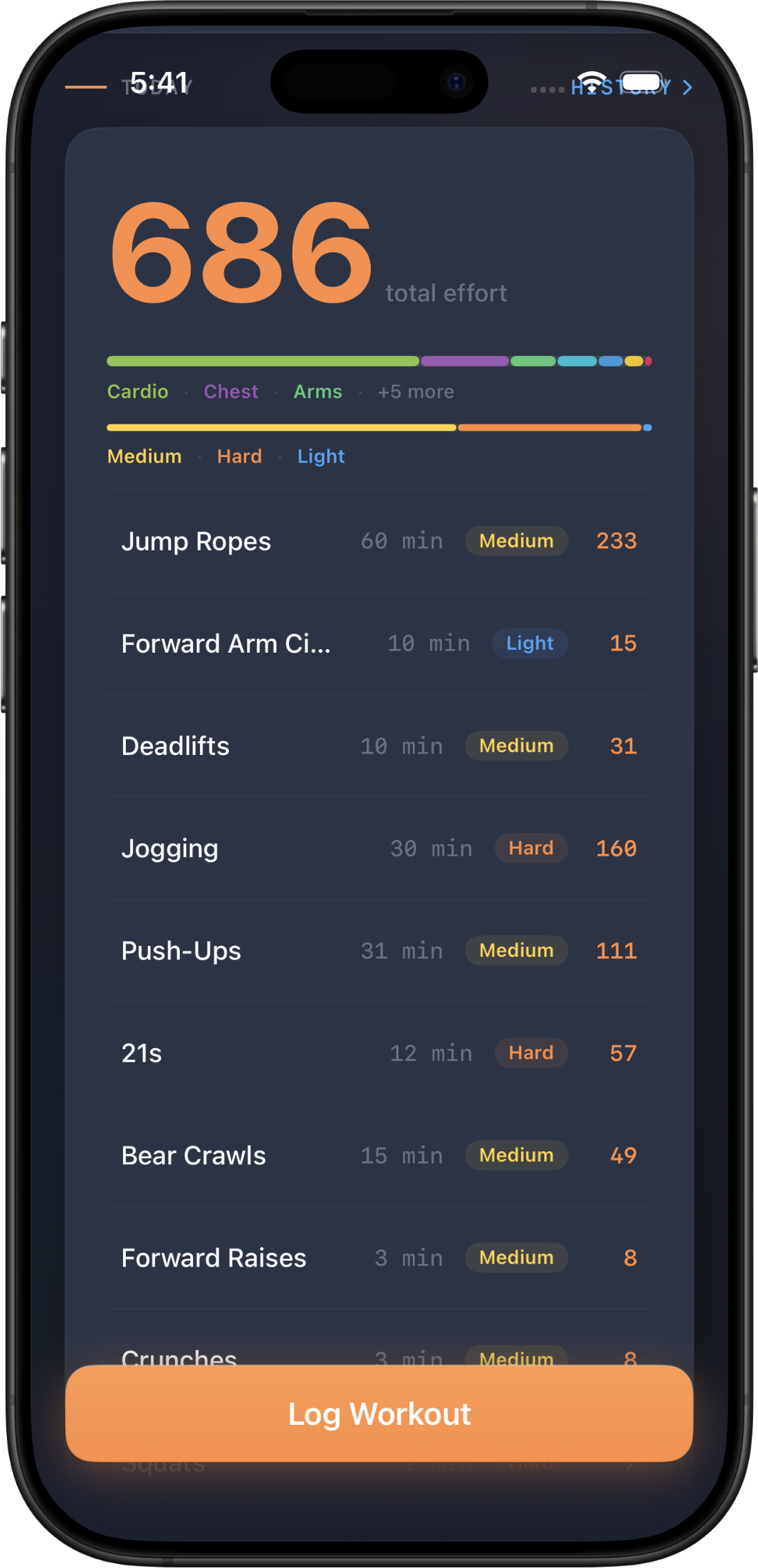 Triumfit dashboard showing 686 total effort across exercises like Jump Ropes, Deadlifts, and Push-Ups